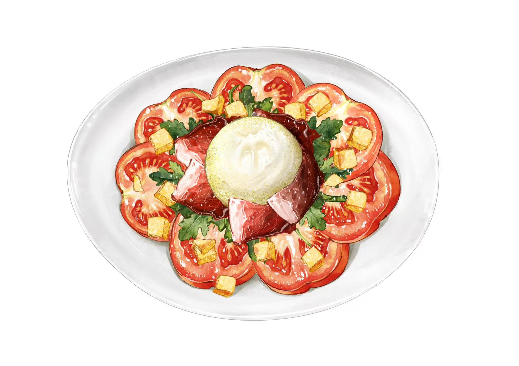 Burratina con carpaccio de tomate, jamón ibérico y pesto